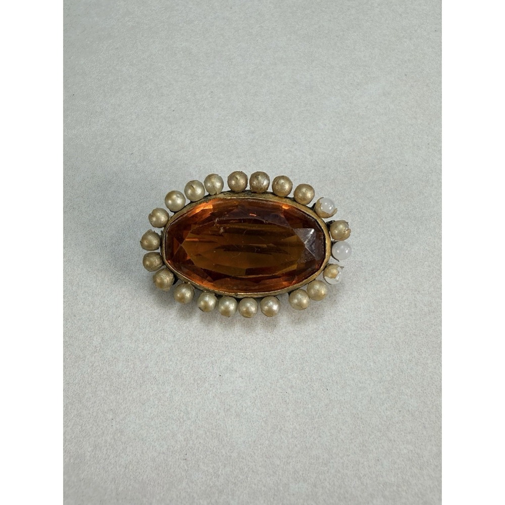 Antique Victorian Revival Czech Glass Faux Pearl Brooch Amber Glass Estate Pin